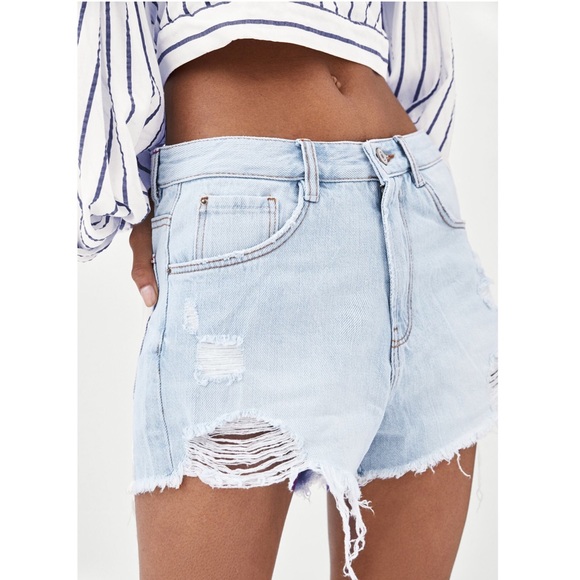 high rise frayed denim shorts
